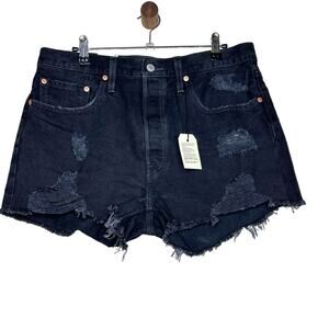 Levi’s 501 Original Fit Black Denim Shorts Button Fly Distressed Size 31 NWT